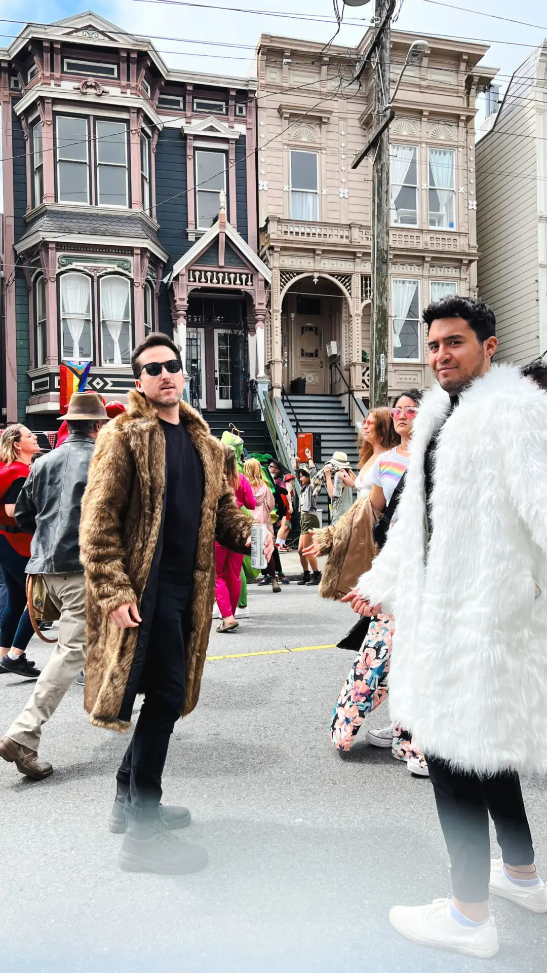 Bay to Breakers runners in fur jackets in Haight-Ashbury