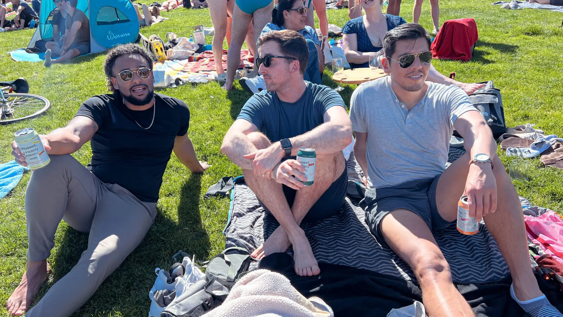 Group of friends sitting on a blanket with drinks at Dolores Park.