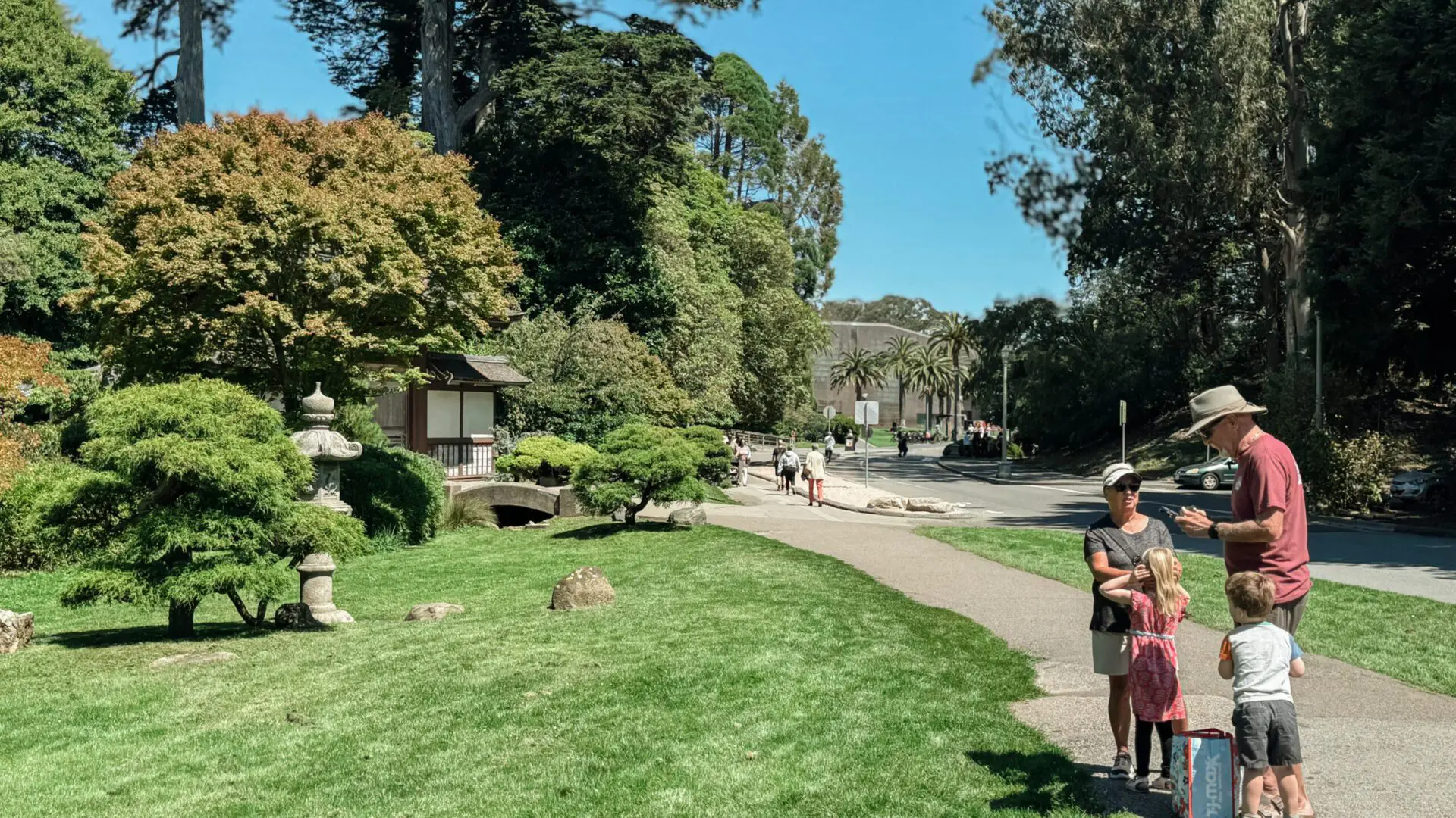 A paved path through Golden Gate Park with trees and greenery around a walking trail