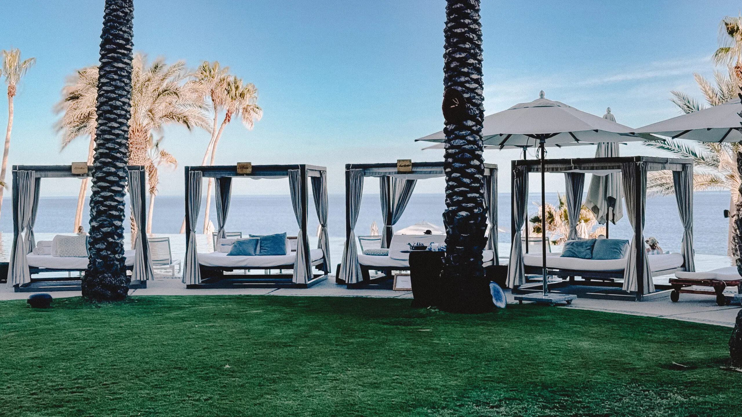 Elegant outdoor cabanas with white curtains and blue cushions near palm trees under a clear sky.