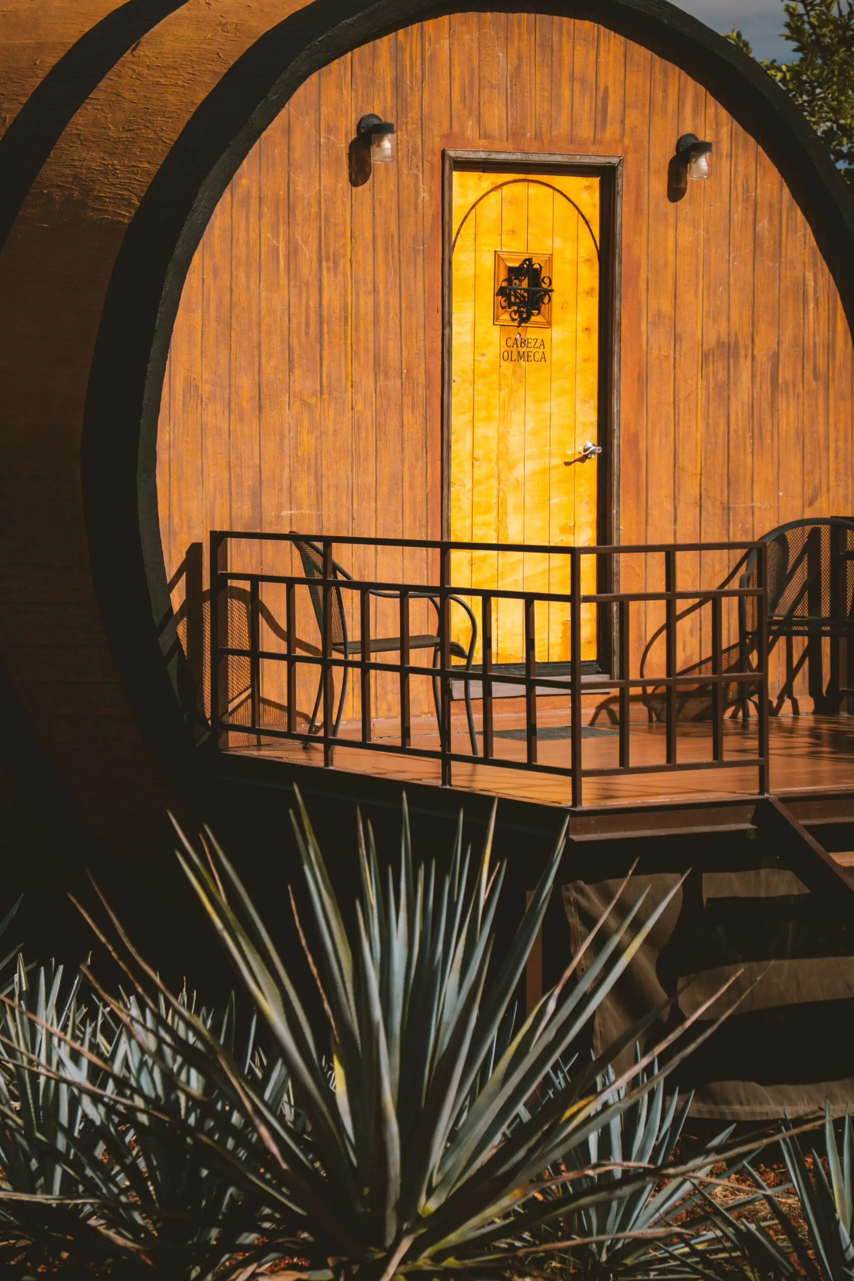 Wooden cabin with a balcony surrounded by plants at night.