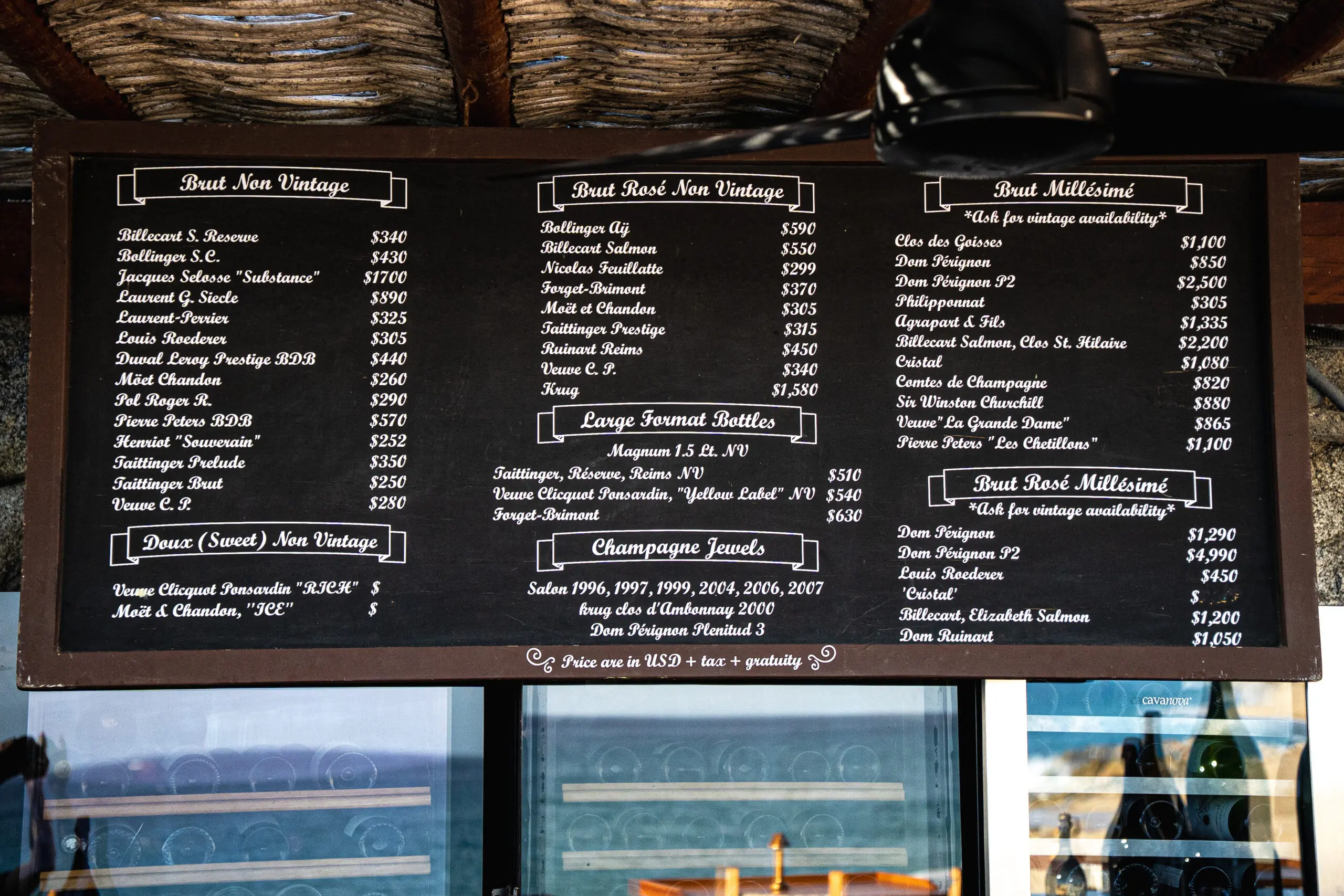 A café menu board displaying various coffee and drink options with prices.