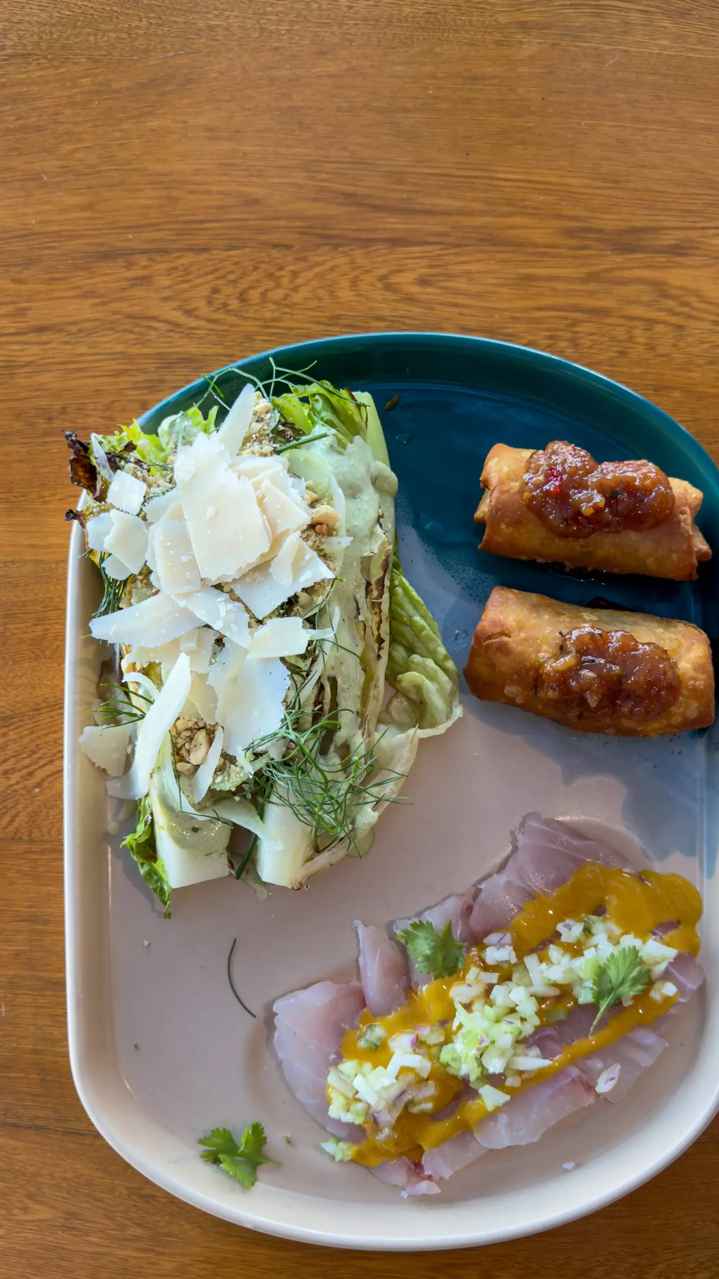 Fresh Caesar salad with two spring rolls on a plate.