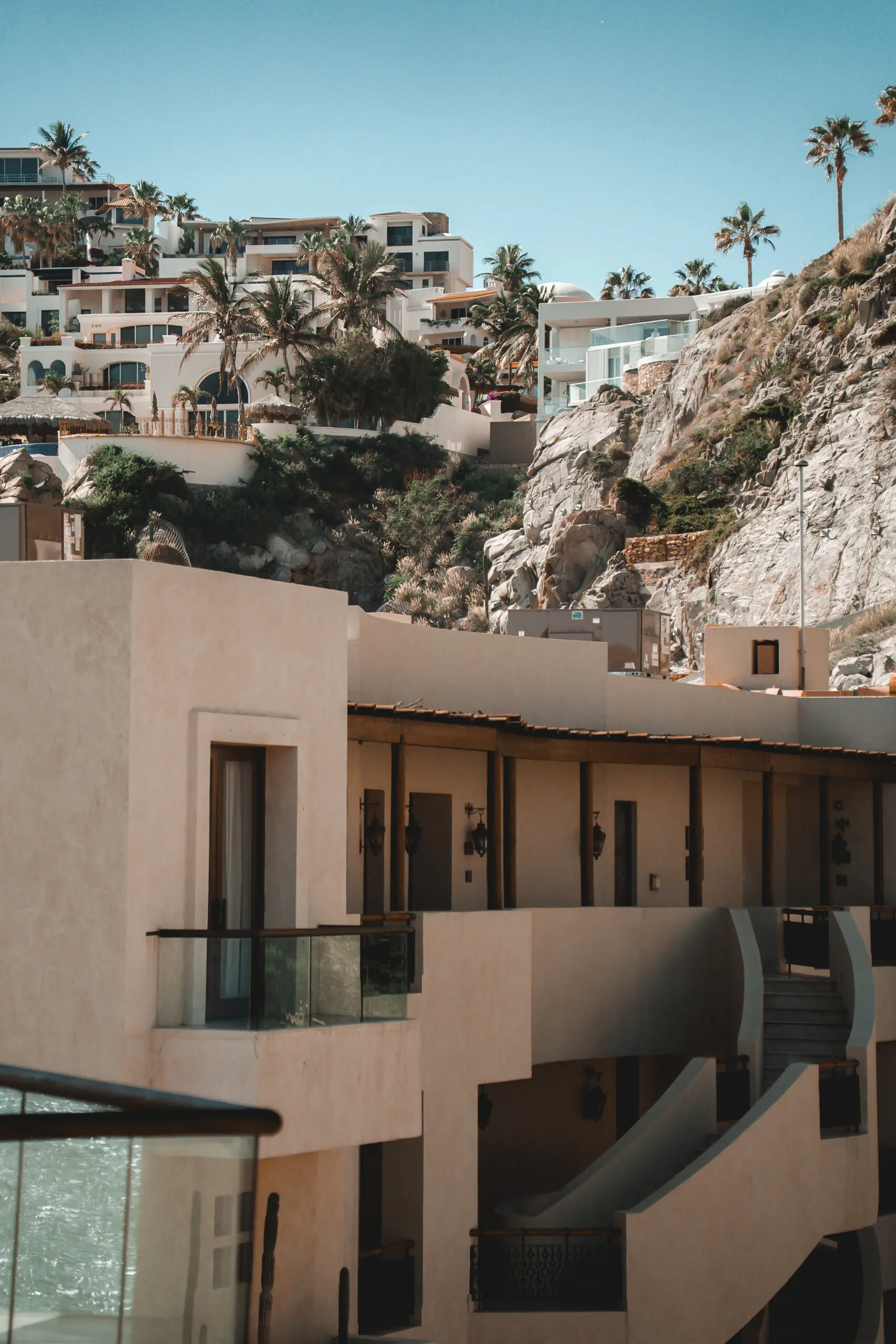 Modern building with large windows overlooking hillside homes.