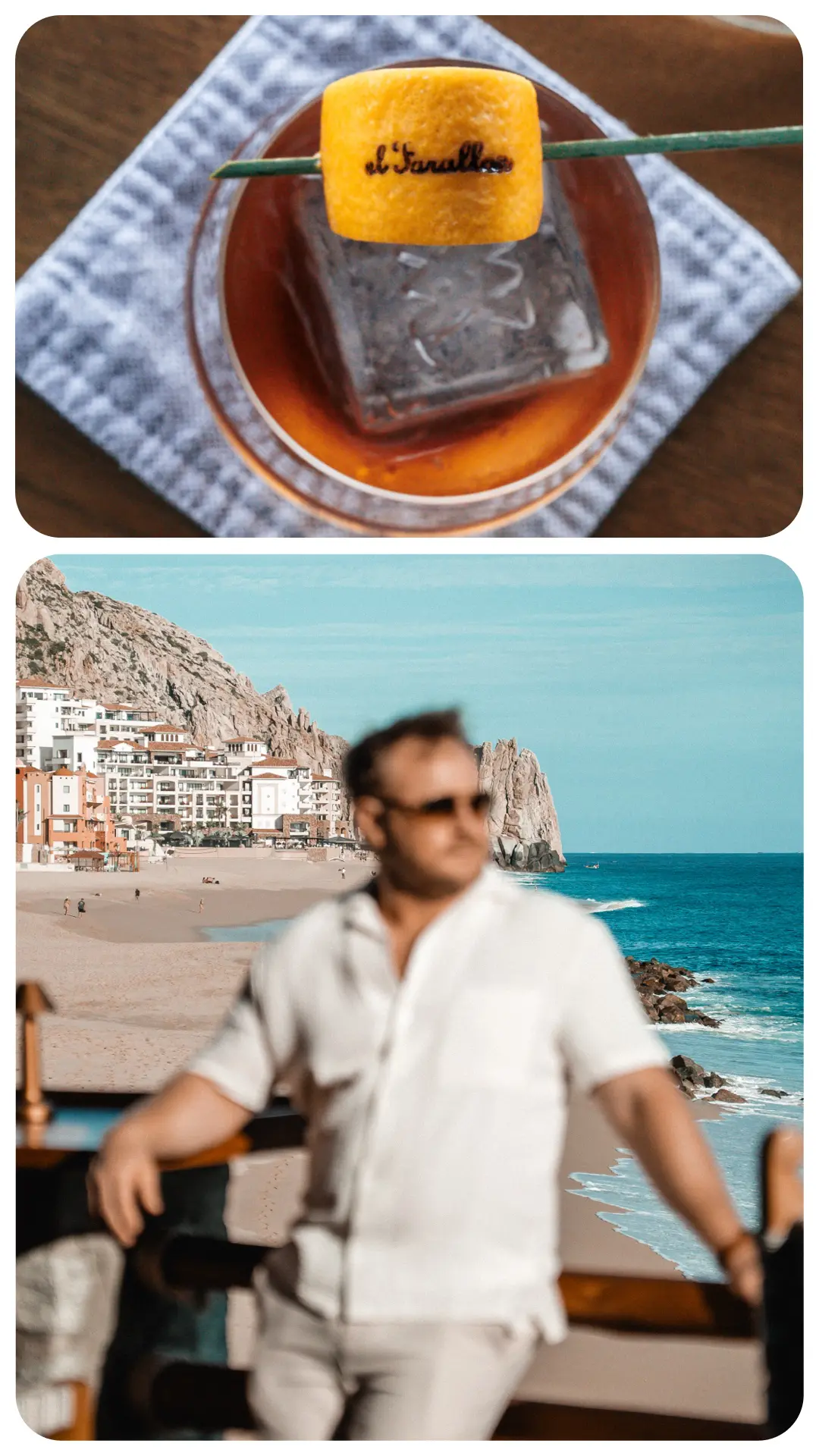 A unique ice cube melting in a cup of tea and a man enjoying a seaside view.