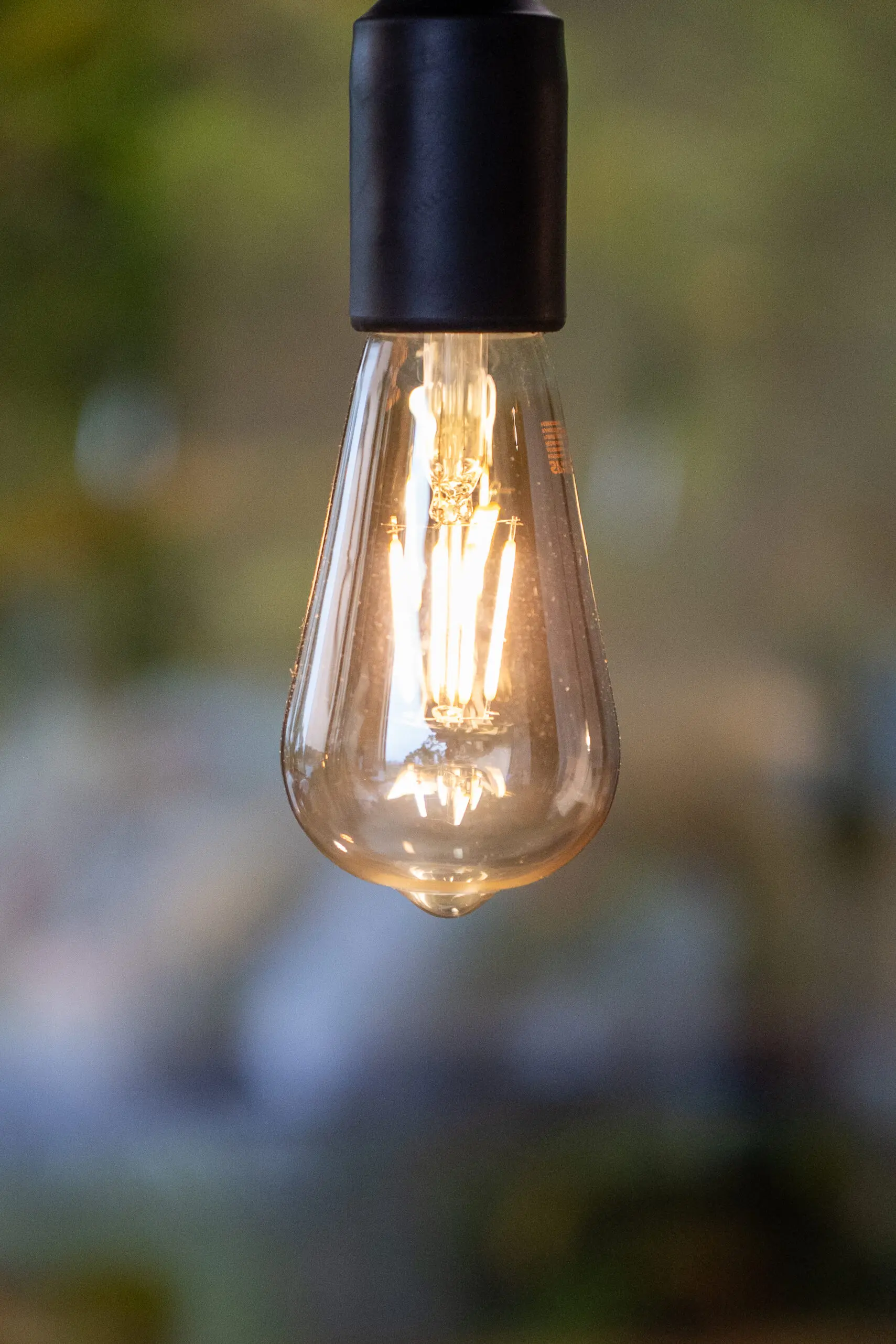 Close-up of a glowing vintage filament light bulb.