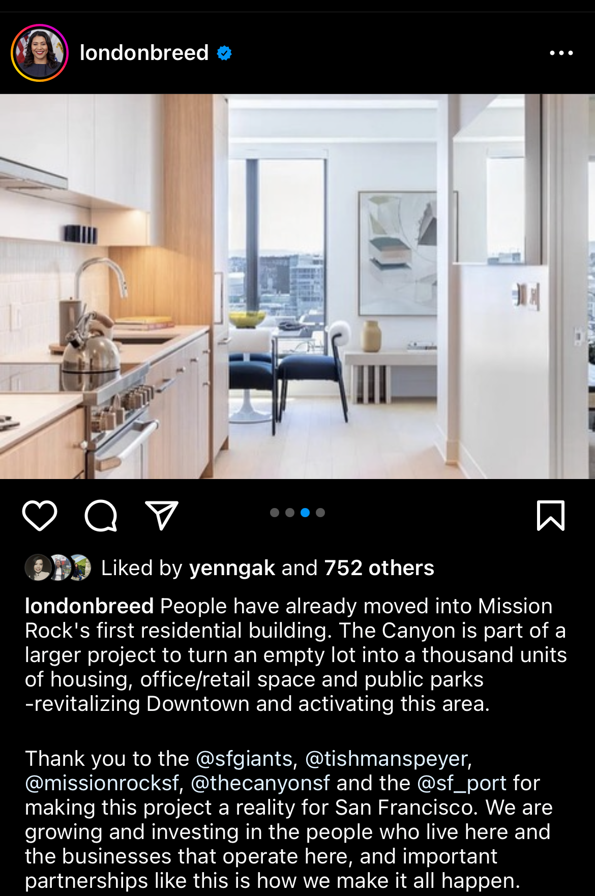Mayor London Breed Instagram post featuring my Mission Rock image