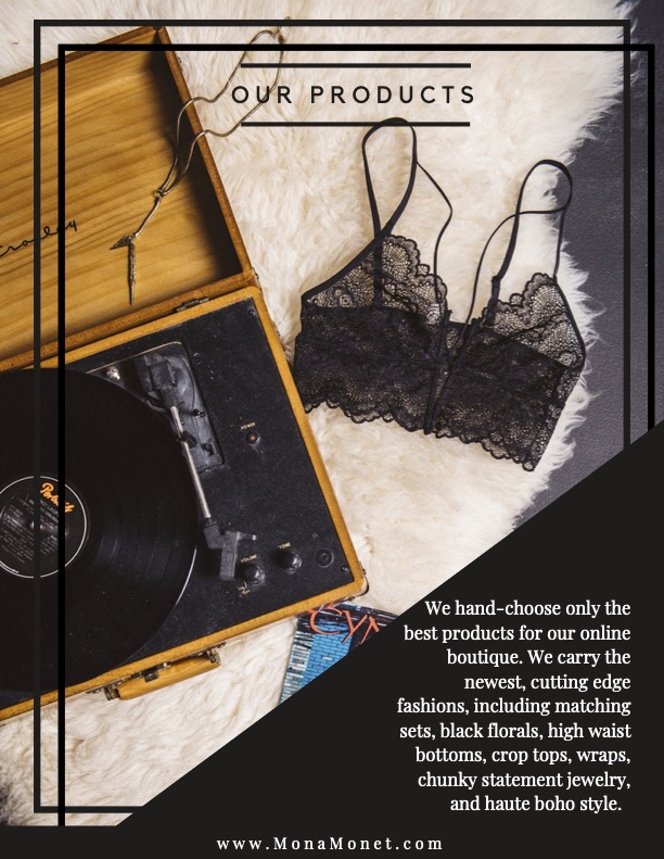Mona Monet Brand Identity Guide picture of record player, lingerie, and soft white rug