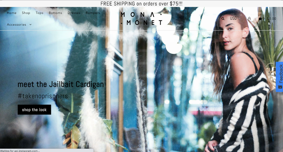 ecommerce website Mona Monet with girl in stylish outfit
