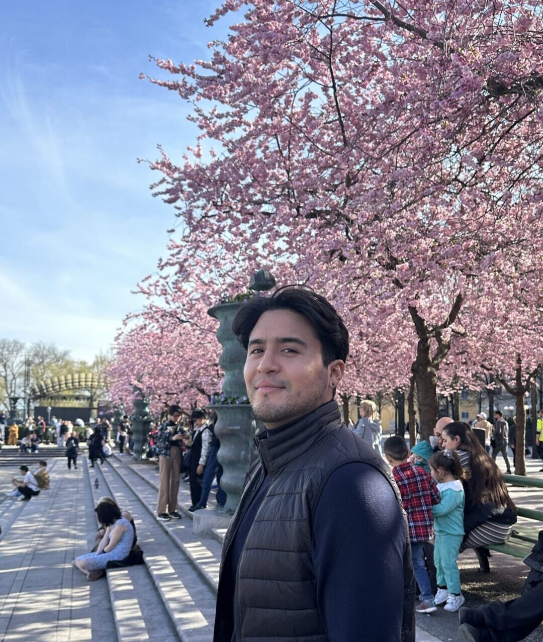 Cherry Blossoms in Stockholm man standing in front of a cherry blossom tree
