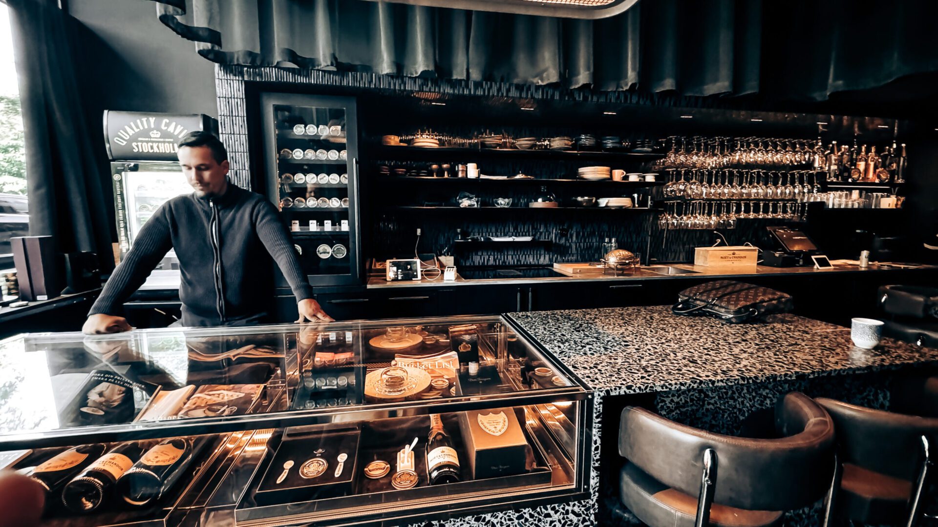 Glass cases of caviar at the Quality Caviar Stockholm