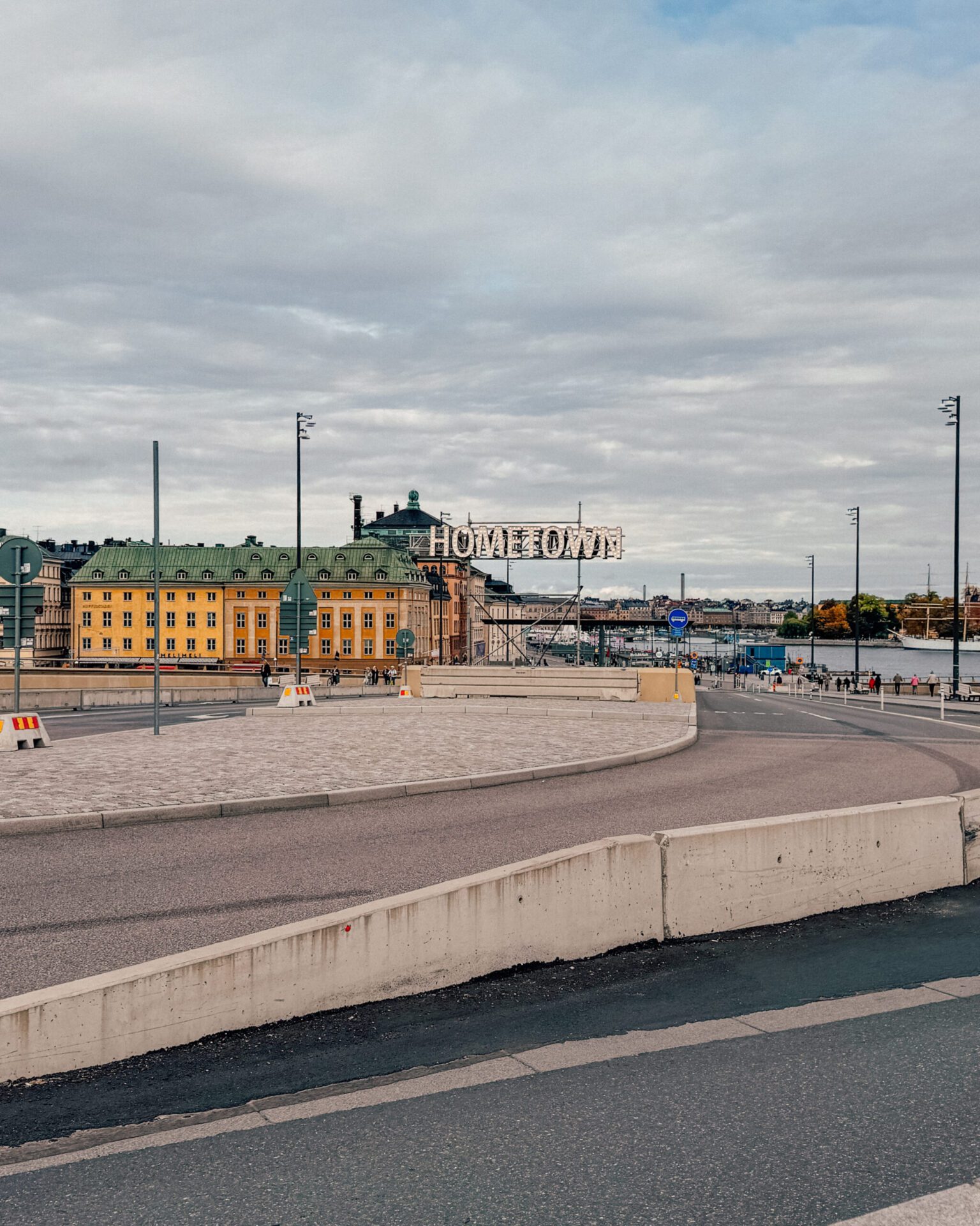 Stockholm streets and a "hometown" sign