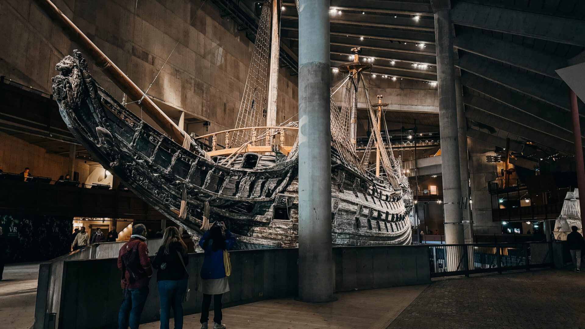 Large wooden viking ship in a museum