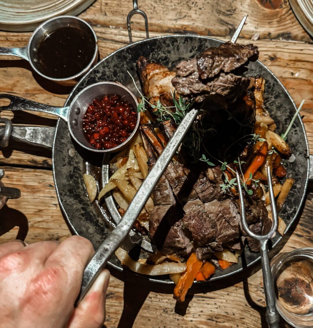 Viking food being eaten with a viking fork